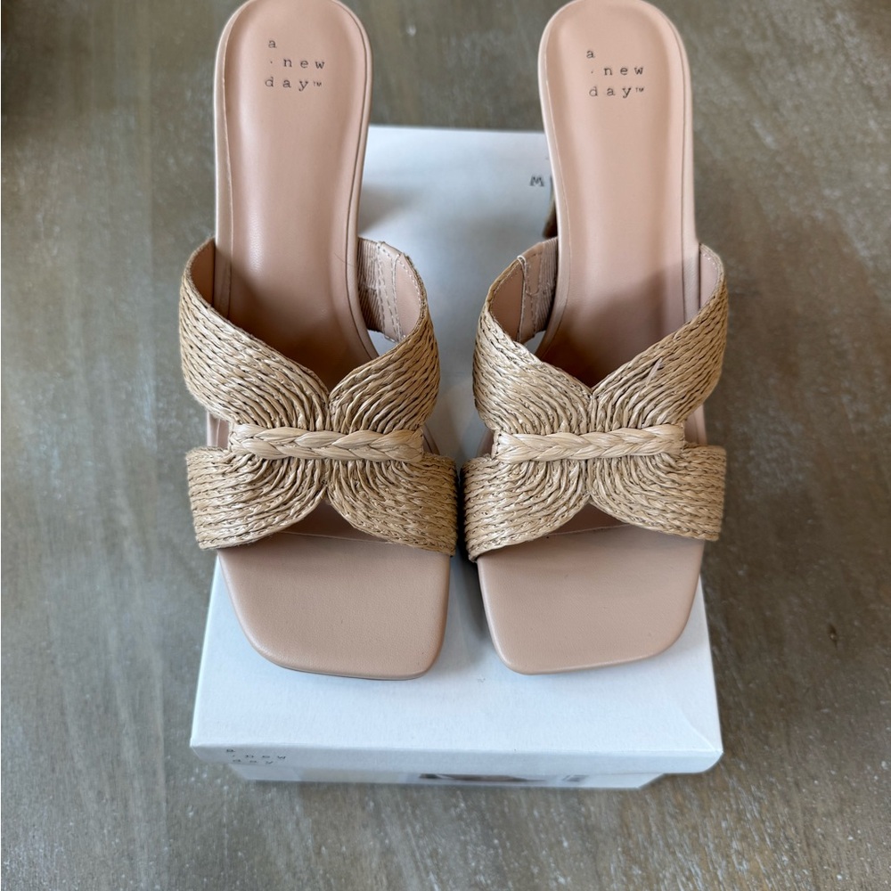 A New Day Beige Woven 3 1/2” Heel Sandals